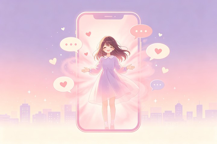 ai风月AI恋人从手机中温柔走出的产品插画